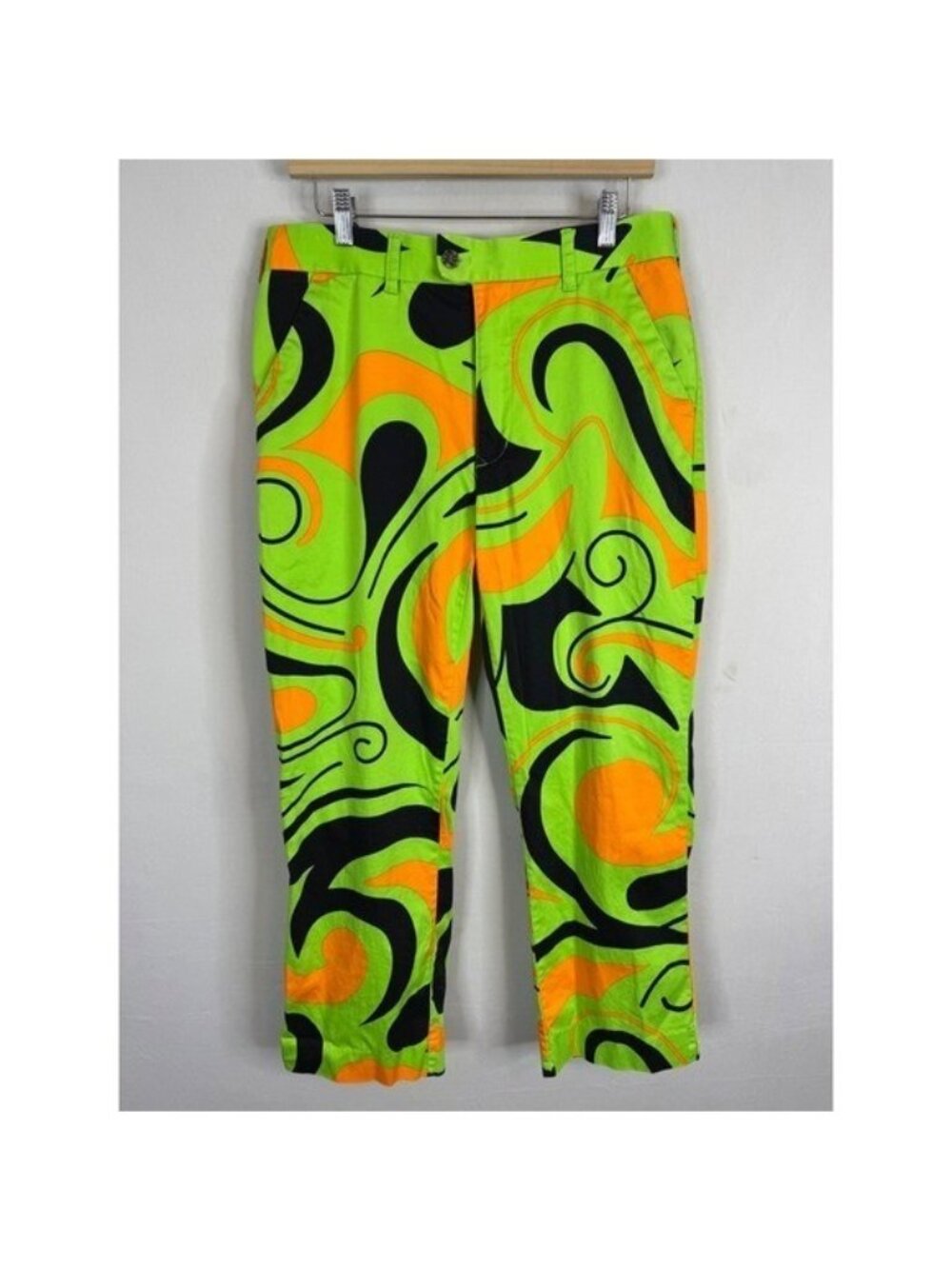 Loudmouth Golf Mens 34x30 Neon Green Orange Psychedelic Swirl Stretch Pants